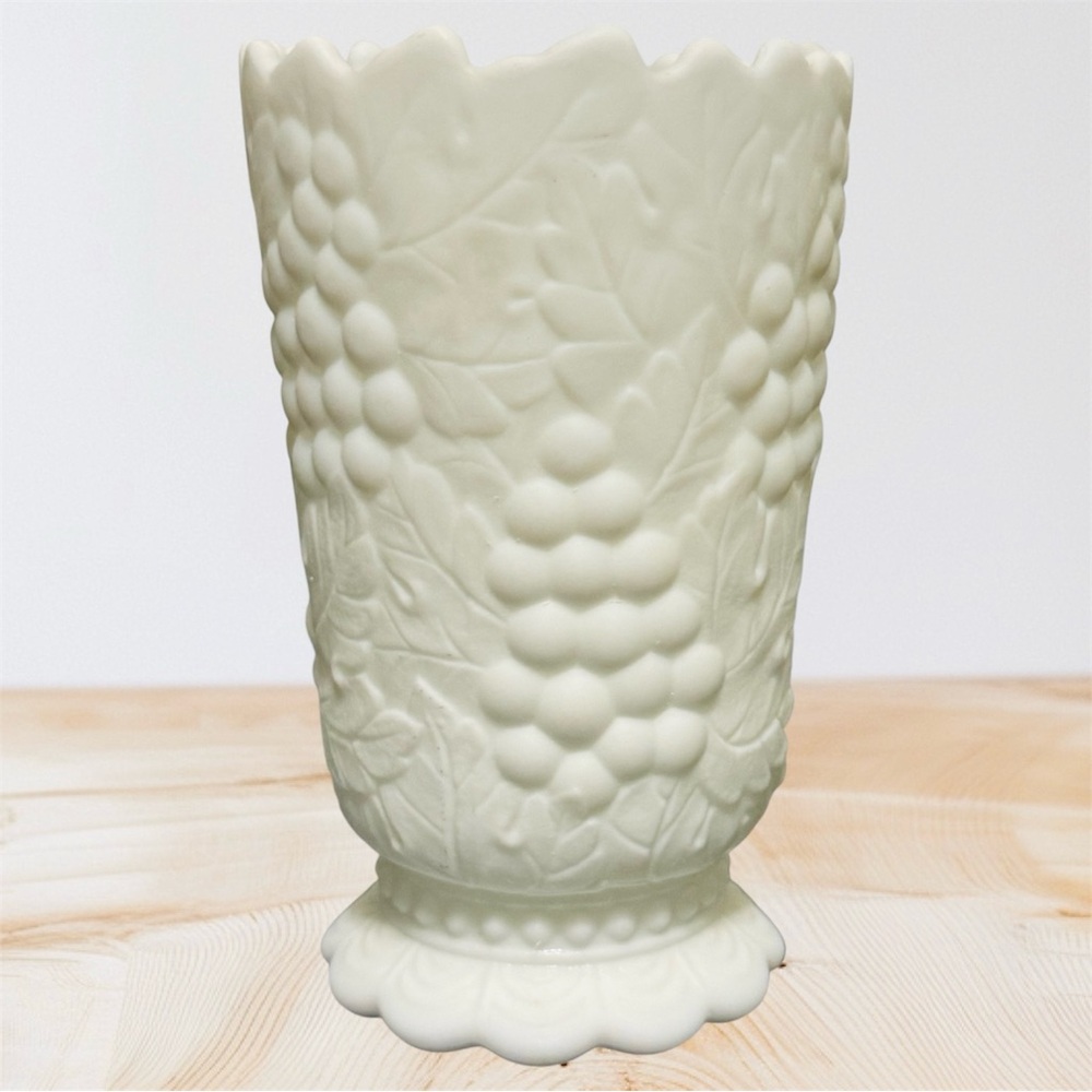 Vintage 1950s Imperial Glass Milk Glass Doeskin footed Vase Colony Harvest Grape